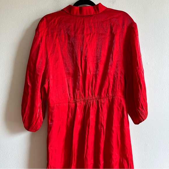 & Other Stories Red Shimmery Puff Sleeves Button Front Dress - Picture 7 of 12